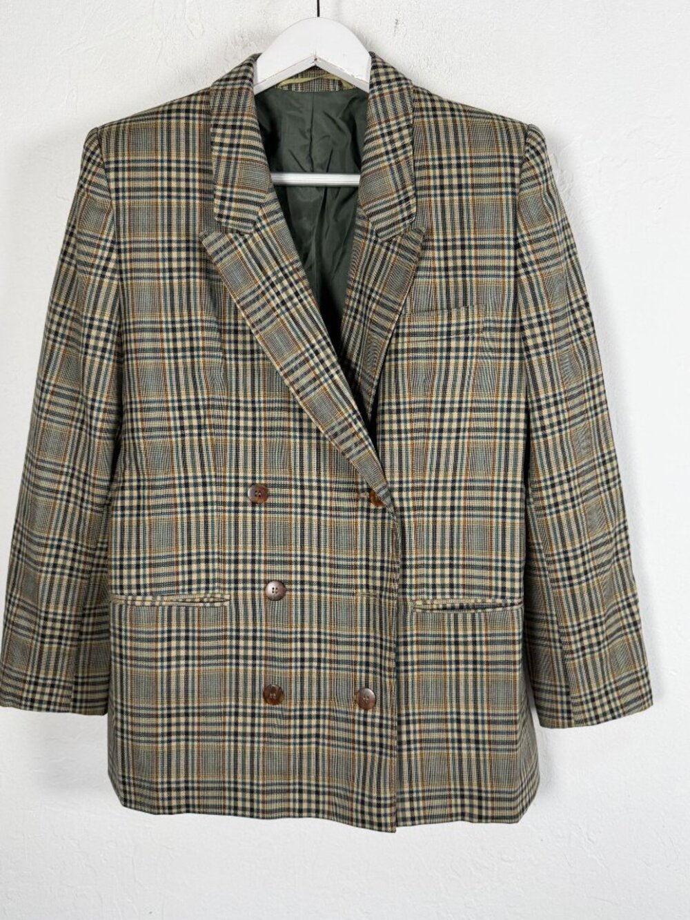 Vintage KLUZ Beograd Womens Plaid Wool Double Breasted Blazer Size 38 Tan Navy